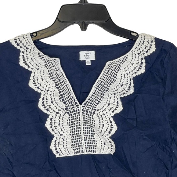 Crown & Ivy Beach V-Neck‎ Tunic Top Crochet Trim 3/4 Sleeve Women Medium - Picture 2 of 8